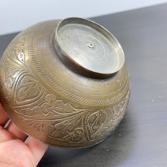 Antique Brass Round Bowl, Handcrafted Small Vessel, Vintage Solid Metal Dish, De - Picture 9 of 10
